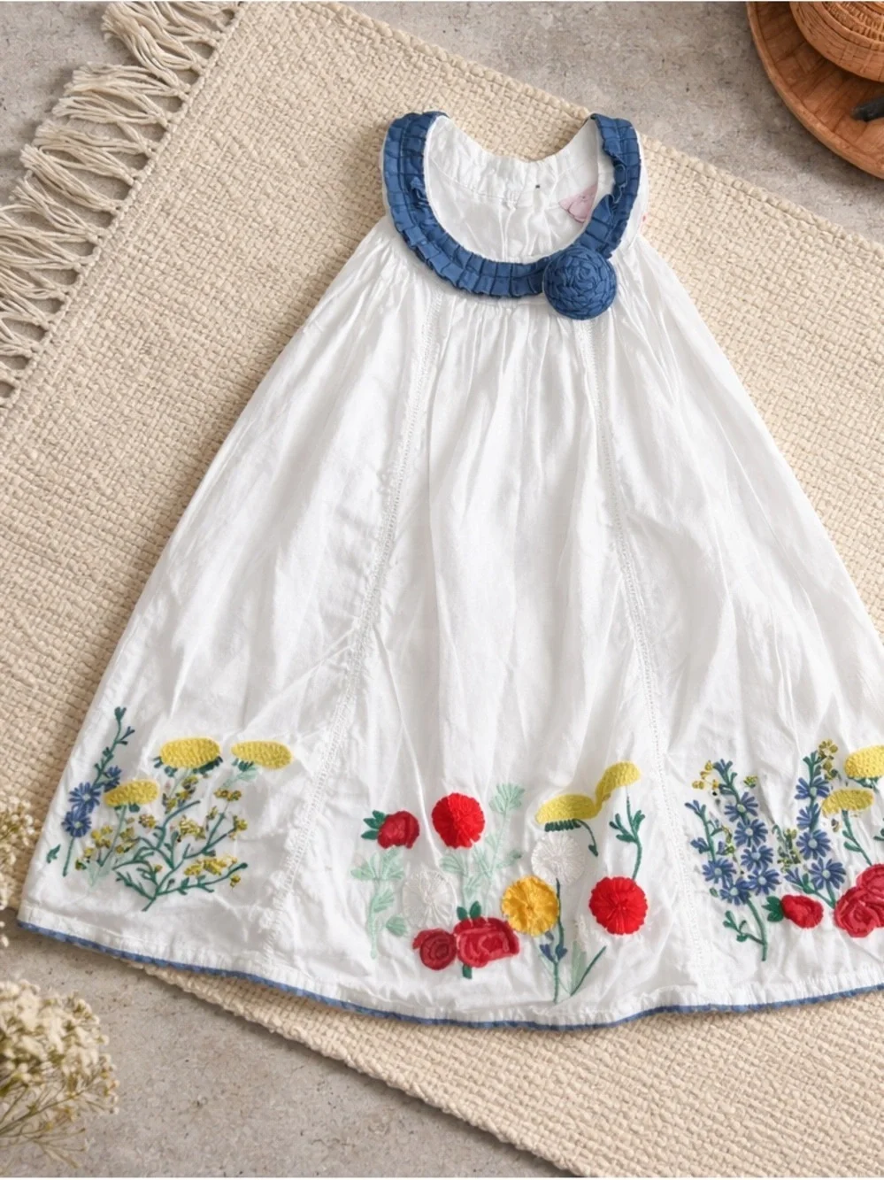 Cutey Couture Girls' White Embroidered Floral Sundress with Blue Trim